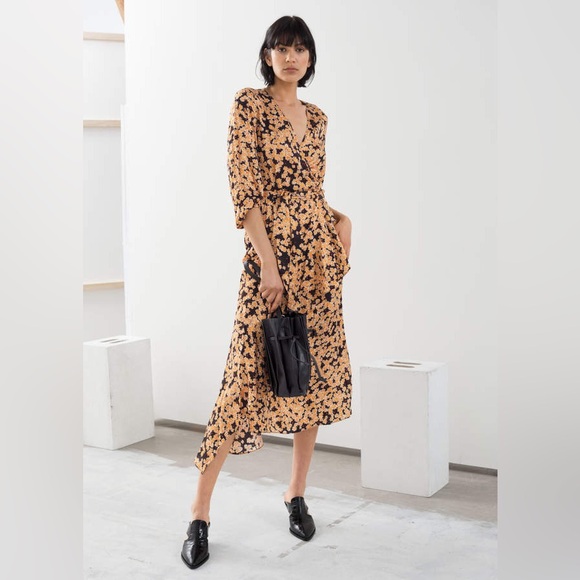 & Other Stories Floral Dress | Golden Flowers Wrap dress | belted designer dress - Picture 4 of 16